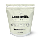 Spacemilk Premium Vanilla protein powder jar demonstrates vegan, allergen-free nutrition for daily support.