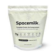 Spacemilk Premium Vanilla protein powder jar demonstrates vegan, allergen-free nutrition for daily support.