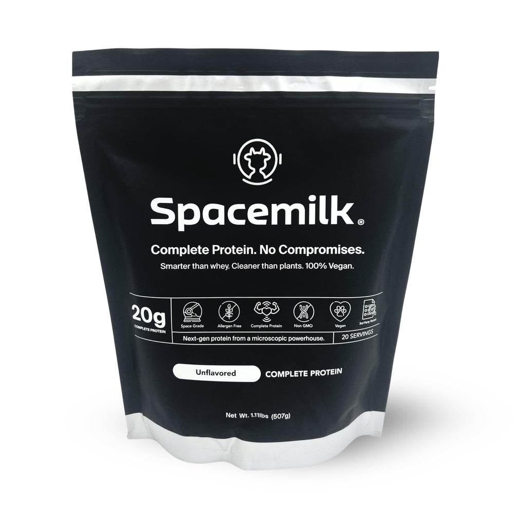 Spacemilk unflavored vegan protein powder bag with clean single-ingredient formula.