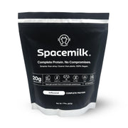 Spacemilk unflavored vegan protein powder bag with clean single-ingredient formula.