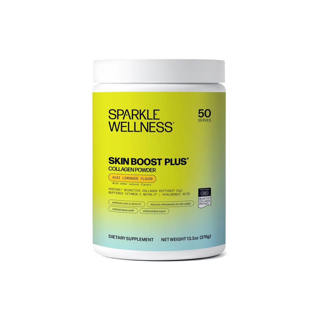 Sparkle Wellness VERISOL collagen powder bottle pouring, supports skin, hair, and nails daily.