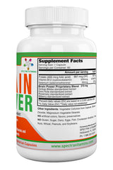 Spectra Vitamins Brain Power label detail emphasizes caffeine-free, allergen-friendly ingredients.