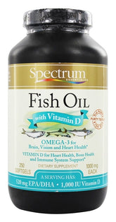 Spectrum Essentials Fish Oil with Vitamin D bottle on a kitchen shelf, highlighting daily use.