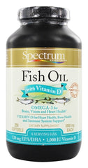 Spectrum Essentials Fish Oil with Vitamin D bottle on a kitchen shelf, highlighting daily use.