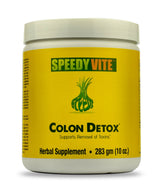SpeedyVite Colon Detox bottle on table, showcasing natural ingredients and detox-friendly appeal.
