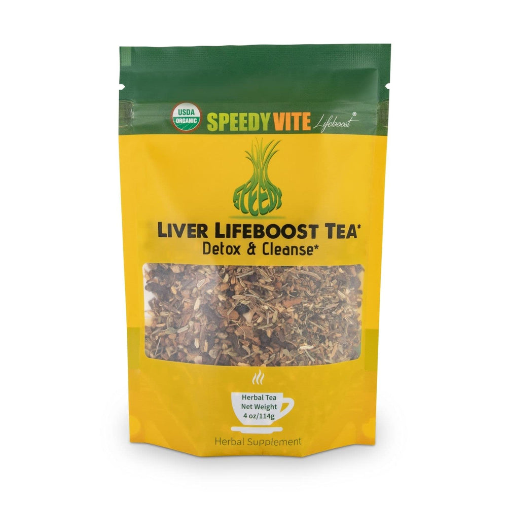 SpeedyVite Liver Detox Tea packaging highlights an organic blend for liver support.