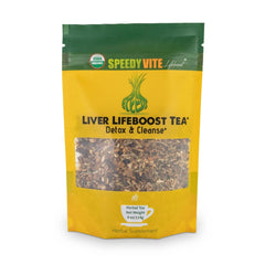 SpeedyVite Liver Detox Tea packaging highlights an organic blend for liver support.