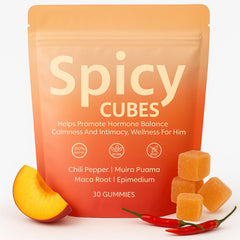 SPICY CUBES Hot Peach gummy bottle label emphasizes plant-based wellness for daily balance.
