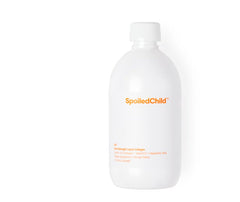 SpoiledChild collagen mango liquid bottle highlights mango flavor for skin and hair support.