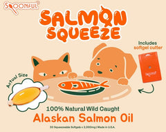 Spoonful Salmon Squeeze softgels close-up showing easy daily dosing for pets.