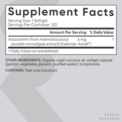 Sports Research Astaxantina etiqueta clara con ingredientes y beneficios.