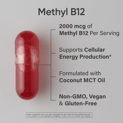 Sports Research B12 liquid caps close-up showing vegan-friendly capsules.