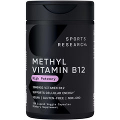 Sports Research B12 methylcobalamin bottle for daily energy support.