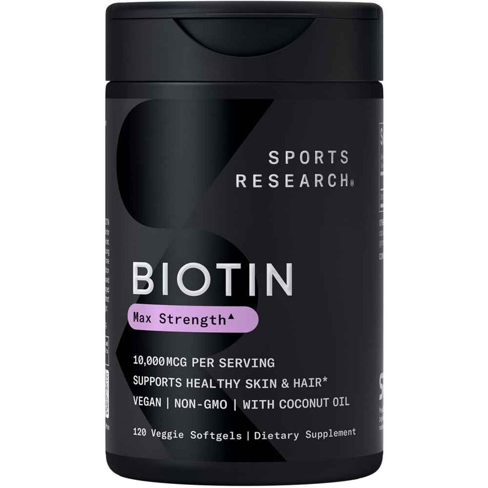Sports Research Biotin 10,000 mcg, cápsula veggie, apoyo para cabello y piel saludables.