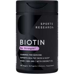 Sports Research Biotin 10,000 mcg, cápsula veggie, apoyo para cabello y piel saludables.