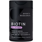 Sports Research Biotin 5,000mcg bottle label highlights vegan formula for healthy hair.