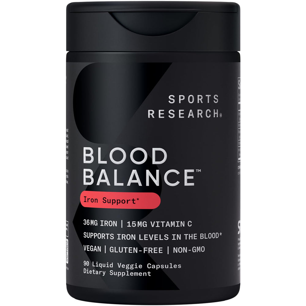 Sports Research Blood Balance bottle front, suggesting a daily iron supplement for energy support