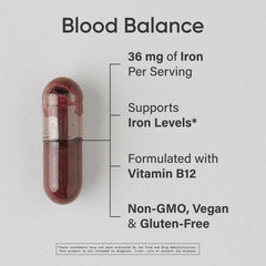 Sports Research Blood Balance label close-up, highlighting vegan and non-GMO iron formula