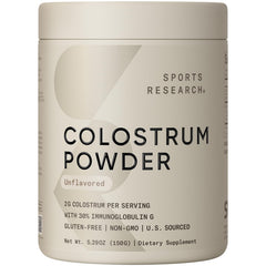 Sports Research Bovine Colostrum Powder bottle highlights purity for daily wellness.