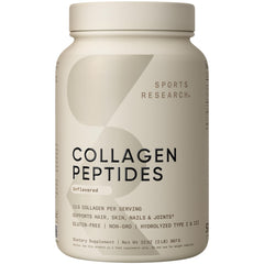 Sports Research Collagen Peptides bottle shown for daily beauty and joint support potential.