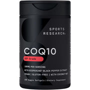 Sports Research CoQ10 bottle front with vegan-certified label for plant-based options.