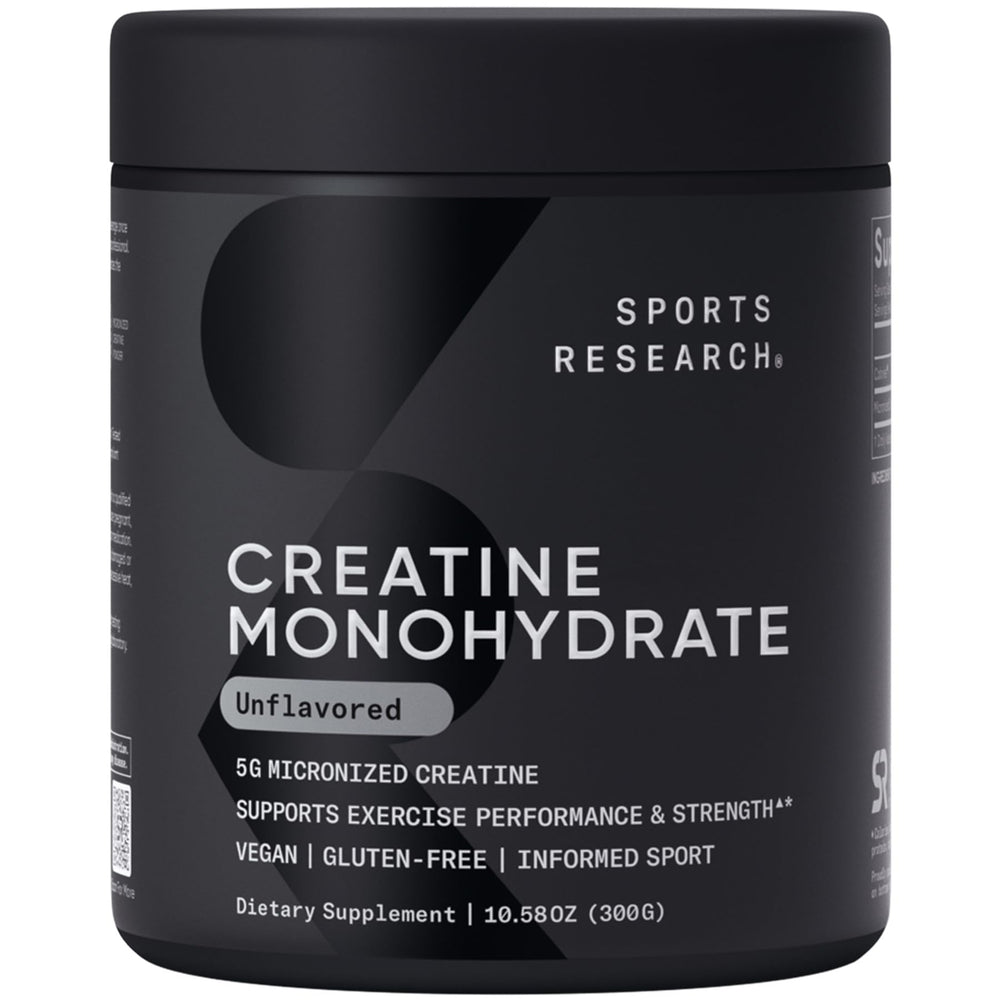 Sports Research Creatina Monohidrato: bote con polvo puro para potenciar entrenos y recuperación.