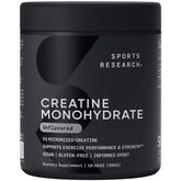 Sports Research Creatina Monohidrato: bote con polvo puro para potenciar entrenos y recuperación.
