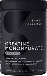 Sports Research Creatine Monohydrate powder bottle shows a pure unflavored formula for strength support