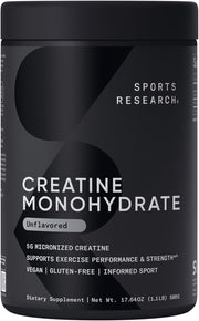 Sports Research Creatine Monohydrate powder bottle shows a pure unflavored formula for strength support