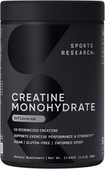 Sports Research Creatine Monohydrate powder bottle shows a pure unflavored formula for strength support