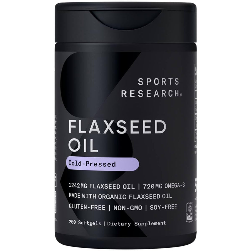 Sports Research flaxseed oil softgels jar closeup with non-GMO badge