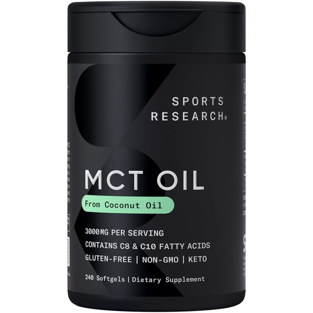 Sports Research Keto MCT softgels bottle showing non-GMO and gluten-free formulation.