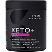 Sports Research Keto Plus goBHB powder tub highlighting ketosis support and purity