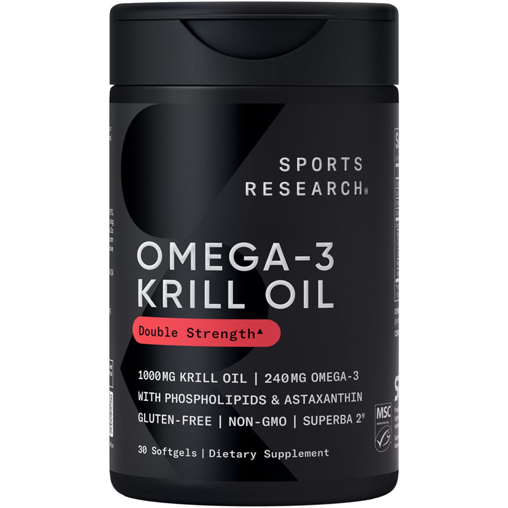 Sports Research Krill Oil bottle label shows Antarctic origin and omega-3 content.