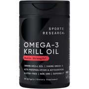 Sports Research Krill Oil bottle label shows Antarctic origin and omega-3 content.