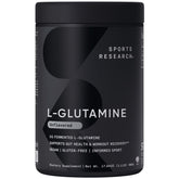 Sports Research L-Glutamine bottle being poured for daily recovery support.