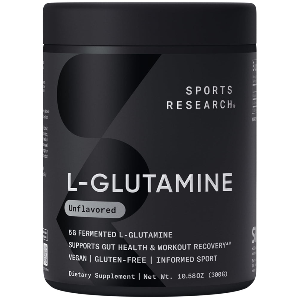 Sports Research L-Glutamine powder jar label for convenient post workout mixing