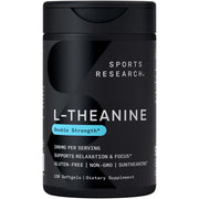 Sports Research L-Theanine 200mg softgel bottle for calm focus.