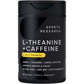 Sports Research L-Theanine + Caffeine softgel bottle shown for focused energy and alertness