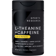 Sports Research L-Theanine + Caffeine softgel bottle shown for focused energy and alertness