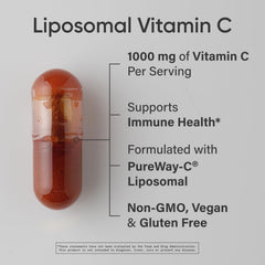 Close-up of Sports Research liposomal vitamin C capsules emphasizing the capsules.