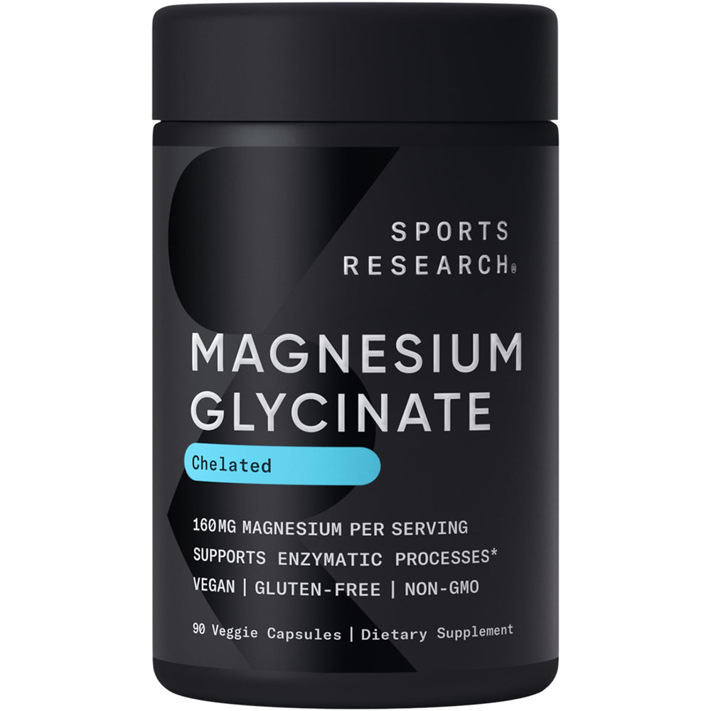 Sports Research Magnesium Glycinate bottle label showing sleep support benefits