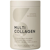 Sports Research Multi Collagen powder jar on kitchen counter for daily beauty and joint support.
