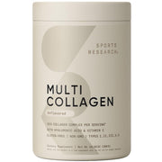 Sports Research Multi Collagen powder jar on kitchen counter for daily beauty and joint support.