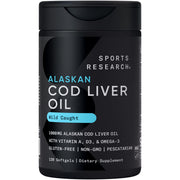 Sports Research Omega-3 cod liver oil bottle highlights MSC sustainable sourcing.