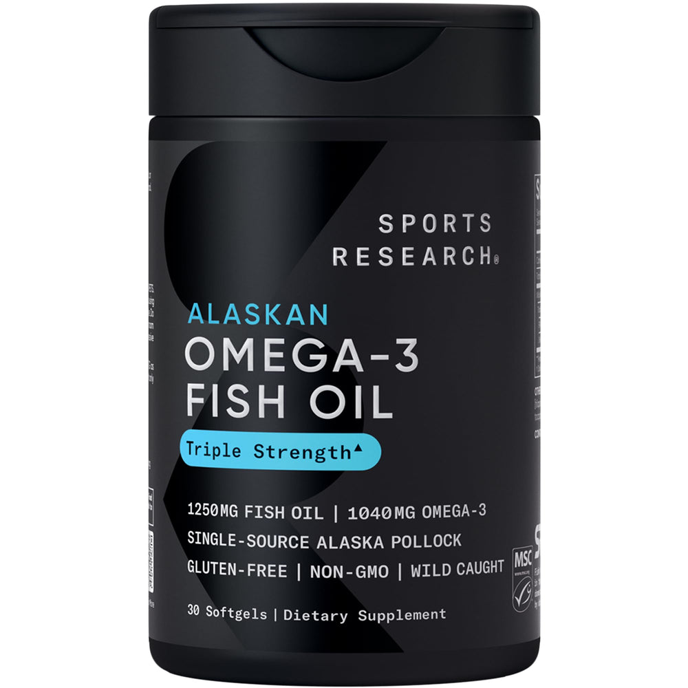 Sports Research Omega-3 1250 softgel bottle shows sustainable MSC certification for responsible sourcing