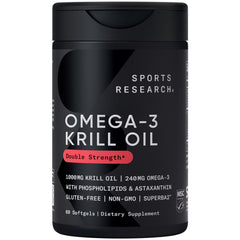 Sports Research Omega-3 Krill Oil bottle highlights high-quality omega-3 support.