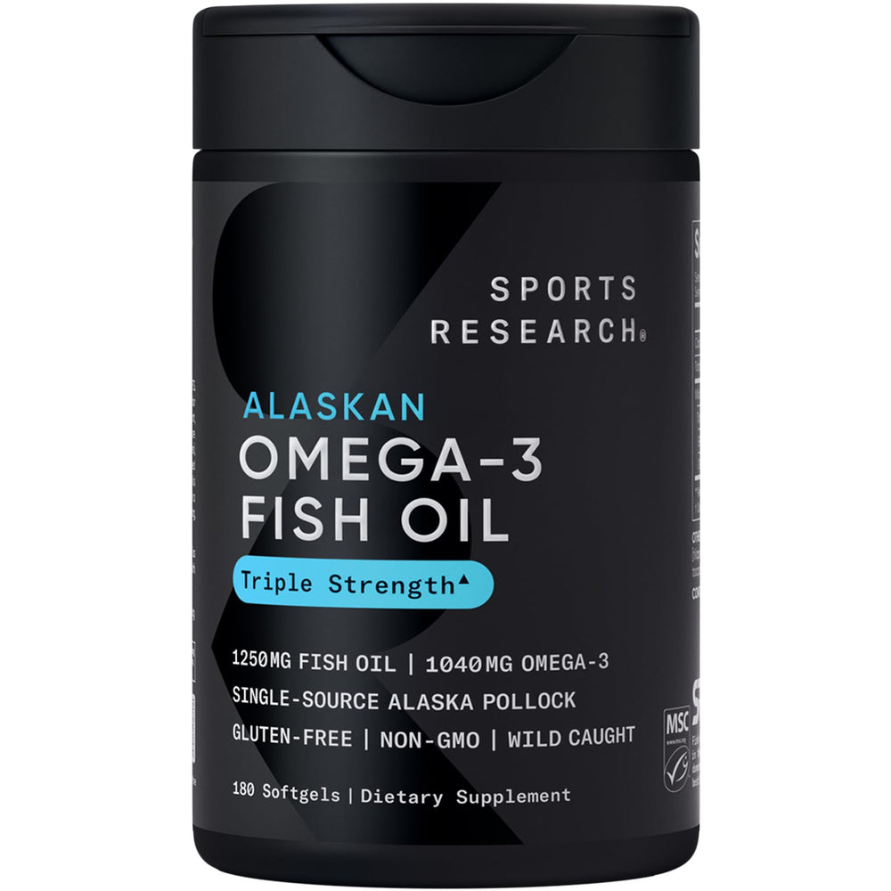 Sports Research Omega-3 bottle with label, convenient daily wellness supplement