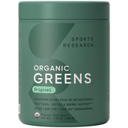 Sports Research Organic Greens Original jar with label close-up for daily energy support.
