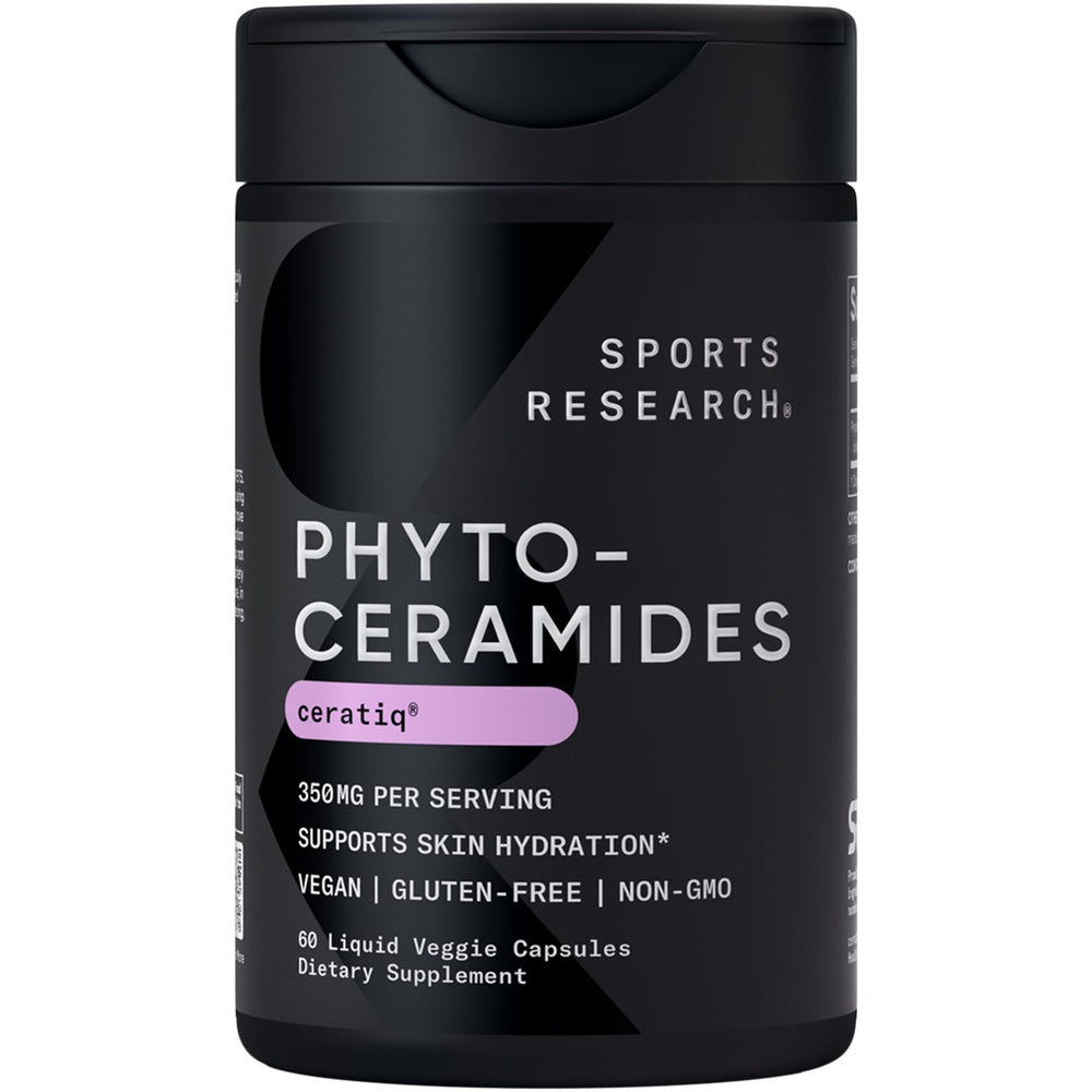Sports Research Phytoceramides bottle front view highlighting Ceratiq for daily skin hydration.